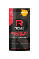 Reflex Nutrition Clear Whey Isolate sample pack, Mango flavor, 20g protein, low sugar, 325mg electrolytes.