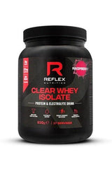 Reflex Nutrition Clear Whey Isolate protein drink in raspberry flavor, 20g protein, low lactose, 510g tub.