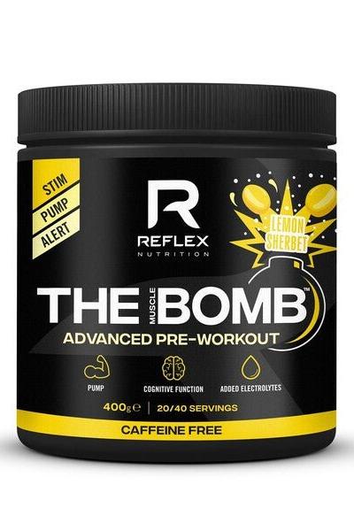 Reflex Nutrition The Muscle Bomb pre-workout supplement, caffeine-free, lemon sherbet flavor, 400g tub.
