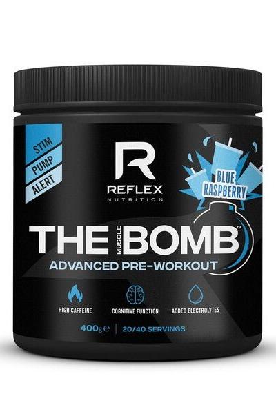 Reflex Nutrition The Muscle Bomb pre-workout supplement jar with blue raspberry flavor.