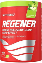 NUTREND Regener recovery drink with fresh apple flavor, 450g container, enriched with BCAA and vitamins.