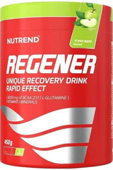 NUTREND Regener recovery drink with fresh apple flavor, 450g container, enriched with BCAA and vitamins.