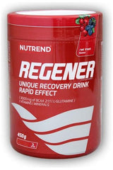 NUTREND REGENER recovery drink 450g, enriched with BCAA, L-Glutamine, vitamins, and minerals in red fresh flavor.