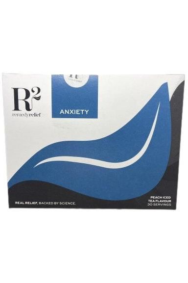 Remedy Relief Anxiety Peach Iced Tea box with 30 sachets designed for reducing anxiety and promoting relaxation.