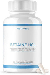 Revive Betaine HCL dietary supplement bottle with 180 vegetarian capsules for digestive health.