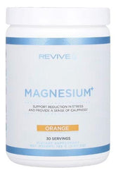 Revive Magnesium+ dietary supplement container with orange label, supports stress reduction and promotes calmness.
