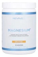 Revive Magnesium+ dietary supplement container with orange label, supports stress reduction and promotes calmness.