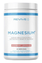 Revive Magnesium+ dietary supplement in Raspberry Lemonade flavor, designed to support stress reduction and calmness.