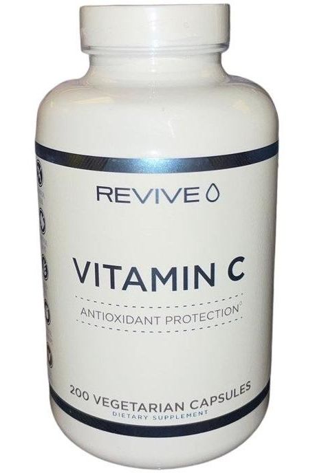Revive Vitamin C dietary supplement bottle with 200 vegetarian capsules, offering antioxidant protection.