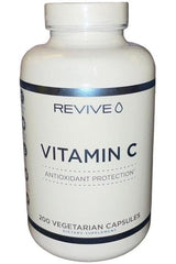Revive Vitamin C dietary supplement bottle with 200 vegetarian capsules, offering antioxidant protection.