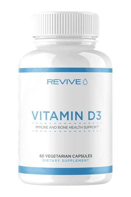 Revive Vitamin D3 supplement bottle with 60 vegetarian capsules for immune and bone health support.