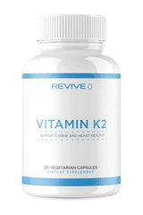 Revive Vitamin K2 supplement bottle with 30 vegetarian capsules supporting bone and heart health.