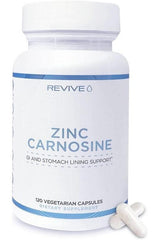 Revive Zinc Carnosine dietary supplement bottle with 120 vegetarian capsules for digestive health support.