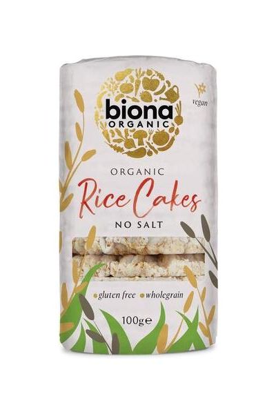 Biona Organic Rice Cakes packaging, gluten-free, no salt, 100g, made with organic ingredients.