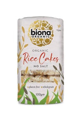 Biona Organic Rice Cakes packaging, gluten-free, no salt, 100g, made with organic ingredients.