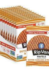 Rip Van Wafels package featuring Dutch caramel and vanilla, low sugar snack, 12 x 33g, healthy and convenient.