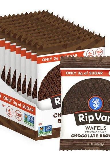 Rip Van Wafels Chocolate Brown flavor pack, 12 pieces, with low sugar content and natural ingredients.