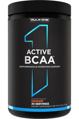 Rule One Active BCAA dietary supplement container in orange flavor for muscle recovery and hydration.