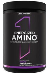 Rule One Energized Amino supplement container with grape flavor, supports energy and muscle recovery.