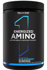 Rule One Energized Amino supplement in Blue Raspberry flavor, 30 servings, for energy and muscle recovery support.