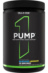 Rule One Pump non-stim nitric oxide support supplement in Blue Razz Lemonade flavor, 30 servings.