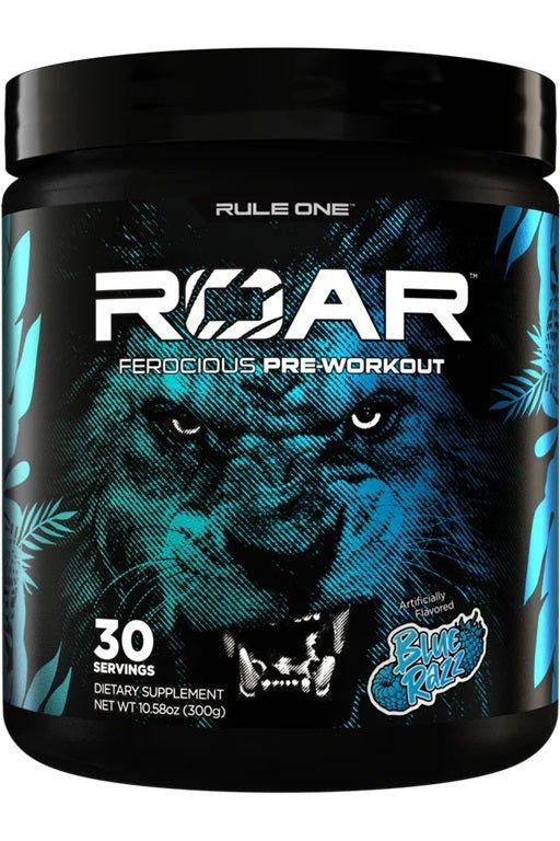 Rule One Roar Ferocious Pre-Workout supplement in Blue Razz flavor, 30 servings for energy and performance support.