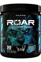 Rule One Roar Ferocious Pre-Workout supplement in Blue Razz flavor, 30 servings for energy and performance support.