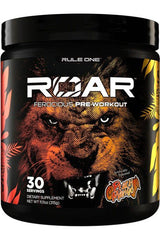 Rule One Roar pre-workout supplement with lion graphic, Peach Mango flavor, 30 servings for energy and hydration.