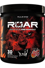 Rule One Roar pre-workout supplement in a bold jar featuring a lion image, supports energy, focus, and performance.