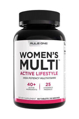 Rule One Women's Multi dietary supplement bottle, high potency multivitamin with 40+ active ingredients and 25 vitamins.