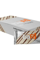 Rule One baR1 Protein Bars Cookies & Crème flavor packaging with a single bar showcasing 20g of protein.