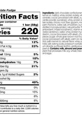 Nutrition facts for Rule One baR1 Protein Bars in Chocolate Fudge flavor, showing dietary information and ingredients.