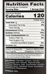 Nutrition facts for Rule One Casein, showing calories, protein, and other nutrients per serving.