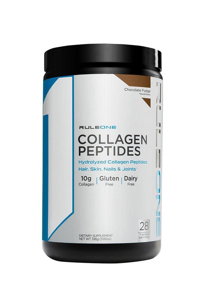 Rule One Collagen Peptides jar, 10g collagen per serving, gluten-free and dairy-free, supports healthy hair, skin, nails, and joints.