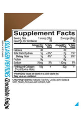 Supplement facts for Rule One Collagen Peptides in Chocolate Fudge flavor, showing nutritional information.