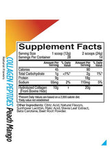Supplement facts for Rule One Collagen Peptides in Peach Mango flavor, highlighting nutritional content.