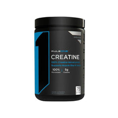 Rule One Creatine powder container, supports muscle size and performance, 100% micronized, 5g per serving.