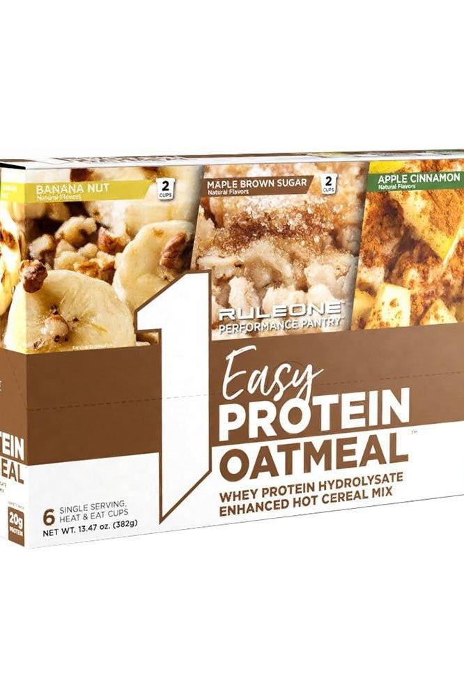 Rule One Easy Protein Oatmeal Variety Pack with Banana Nut, Maple Brown Sugar, and Apple Cinnamon flavors.