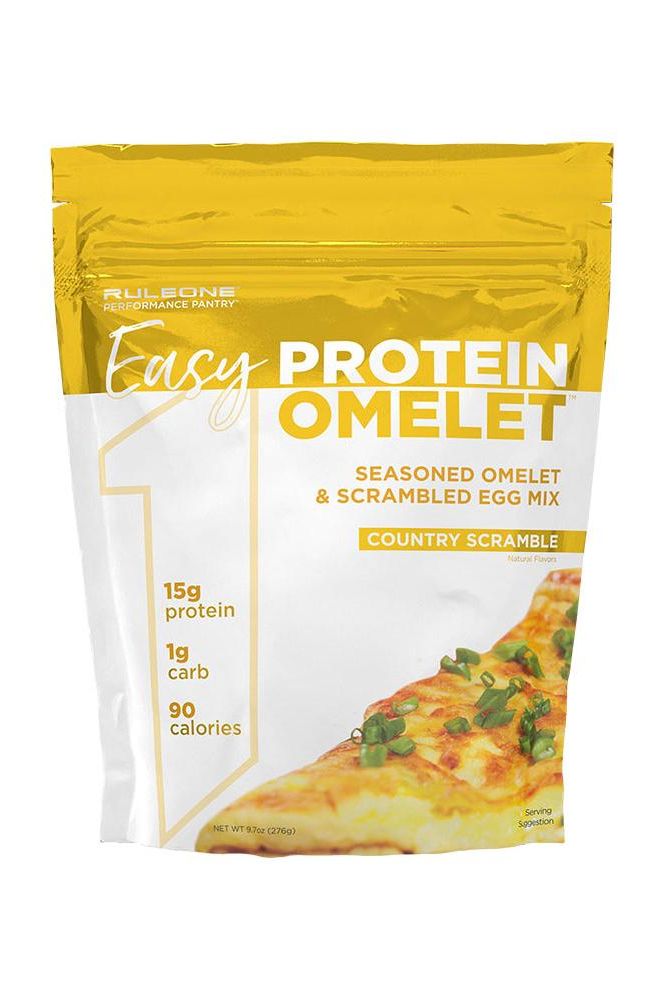 Rule One Easy Protein Omelet package showing seasoned omelet mix with 15g protein, 1g carb, and 90 calories.