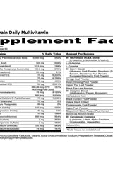 Supplement facts panel for Rule One Men's Train Daily Sports Multivitamin with active ingredients and nutritional information.