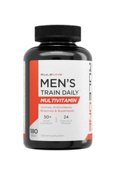 Rule One Men's Train Daily Sports Multivitamin bottle with 50+ active ingredients and 24 essential vitamins.