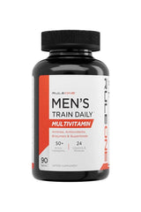 Rule One Men's Train Daily Multivitamin bottle with 50 active ingredients and 24 vitamins.