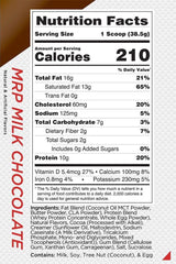 Nutrition facts for Rule One MRP KETO Milk Chocolate, highlighting calories, protein, and fat content.