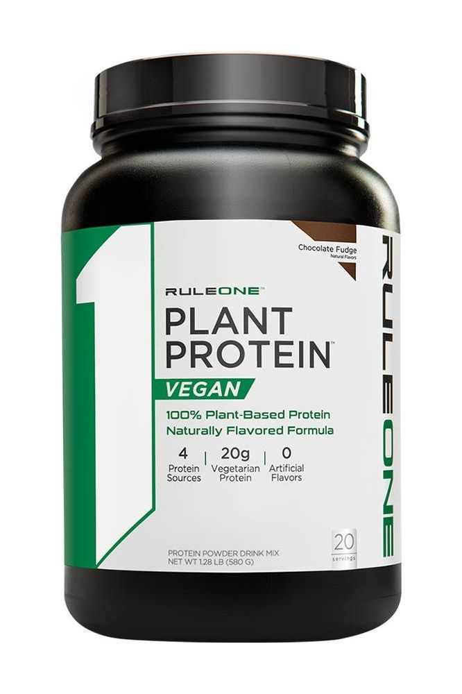 R1 Plant Protein powder tub, vegan, 100% plant-based, 20g protein, chocolate fudge flavor, nutritional supplement.