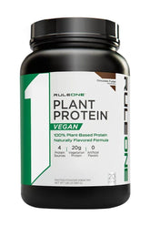 R1 Plant Protein powder tub, vegan, 100% plant-based, 20g protein, chocolate fudge flavor, nutritional supplement.