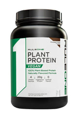 R1 Plant Protein powder tub, vegan, 100% plant-based, 20g protein, chocolate fudge flavor, nutritional supplement.