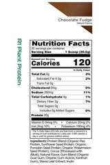 Nutrition facts for R1 Plant Protein in Chocolate Fudge flavor, highlighting 120 calories and 20g plant-based protein.