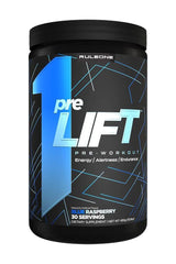 Rule One Prelift pre-workout powder in blue raspberry flavor for energy and endurance with 30 servings.