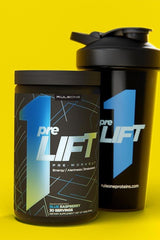 Rule One Prelift pre-workout supplement with shaker bottle, designed for energy and endurance during workouts.
