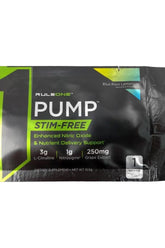 Rule One PUMP Stim-Free supplement packet with Blue Razz Lemonade flavor for enhanced nitric oxide support.